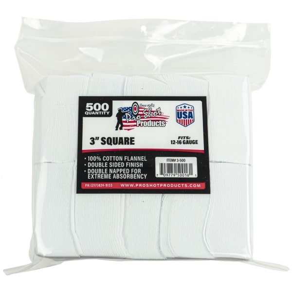 Pro-Shot 12-16 Gauge Cotton Squares, 3″ – 500 Count Gun Cleaning & Supplies
